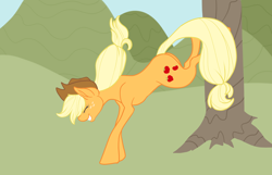 Size: 3048x1968 | Tagged: safe, artist:roboticalpaca, imported from derpibooru, applejack, earth pony, pony, applebucking, applebutt, bucking, butt, eyes closed, female, freckles, grin, hat, mare, mountain, outdoors, plot, smiling, solo, tree