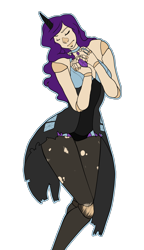 Size: 800x1386 | Tagged: safe, artist:roboticalpaca, imported from derpibooru, rarity, human, clothes, dress, eyes closed, female, horn, horned humanization, humanized, simple background, solo, torn clothes, transparent background
