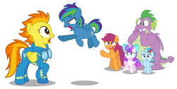 Size: 1280x646 | Tagged: safe, artist:aleximusprime, imported from derpibooru, princess flurry heart, scootaloo, spike, spitfire, oc, oc:lightning flash, oc:storm streak, alicorn, dragon, pegasus, fanfic:calming of the storm, flurry heart's story, angry, biting nails, calming of the storm, clothes, female, filly, filly flurry heart, floating, offspring, older, older scootaloo, older spike, open mouth, parent:oc:thunderhead, parent:rainbow dash, parents:canon x oc, pointing, scared, shocked, show accurate, simple background, transparent background, uniform, vector, winged spike, wings, wonderbolts uniform, worried