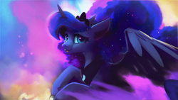 Size: 1920x1080 | Tagged: safe, artist:hierozaki, imported from derpibooru, princess luna, alicorn, pony, crown, cute, ethereal mane, female, heart, hnnng, jewelry, mare, open mouth, regalia, solo, spread wings, starry mane, wallpaper, wings