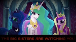 Size: 1280x718 | Tagged: safe, imported from derpibooru, princess cadance, princess celestia, princess luna, pony, my little pony: the movie, 1984, always watching, caption, dark background, looking at you, smiling, text