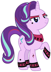 Size: 1500x2122 | Tagged: safe, artist:sketchmcreations, imported from derpibooru, starlight glimmer, pony, unicorn, clothes, edgelight glimmer, eyeshadow, female, gameloft, gameloft interpretation, makeup, mane highlights, mare, raised hoof, scarf, simple background, smiling, solo, transparent background, vector, wristband