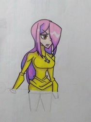 Size: 1224x1632 | Tagged: safe, artist:lynnmaprangs2005, imported from derpibooru, fluttershy, human, bust, clothes, cross, crossover, female, hair over one eye, humanized, parasoul, skullgirls, solo, traditional art