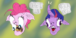 Size: 1419x716 | Tagged: safe, artist:oddlyunadventurous, imported from derpibooru, pinkie pie, twilight sparkle, earth pony, pony, abstract background, bust, duo, eyelashes, female, mare, open mouth