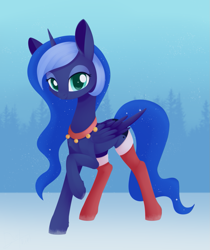 Size: 1107x1317 | Tagged: safe, artist:dusthiel, imported from derpibooru, princess luna, alicorn, pony, bedroom eyes, bell, bell collar, christmas, clothes, collar, cute, eyeshadow, female, holiday, lunabetes, makeup, mare, raised hoof, snow, socks, solo, stockings, thigh highs, tree