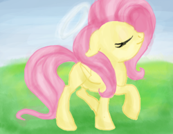 Size: 362x280 | Tagged: safe, artist:bestpartofwakingup, imported from derpibooru, fluttershy, pegasus, pony, eyelashes, female, grass, mare, outdoors, raised hoof, solo