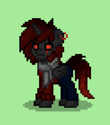 Size: 552x627 | Tagged: safe, imported from derpibooru, oc, oc:dr negative, oc:negative, alicorn, pony, pony town, alicorn oc, clothes, ear piercing, earring, eye scar, hoodie, horn, jeans, jewelry, pants, piercing, scar, scarf, wings