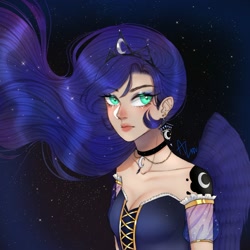 Size: 2000x2000 | Tagged: source needed, safe, artist:aum.xdd_14, imported from derpibooru, princess luna, human, alternative cutie mark placement, breasts, bust, choker, cleavage, clothes, cutie mark on human, ear piercing, ethereal mane, female, humanized, piercing, solo, starry mane