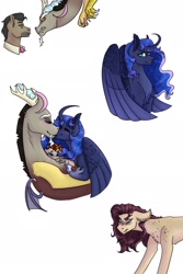 Size: 1280x1920 | Tagged: safe, artist:periwinklechick, imported from derpibooru, discord, doctor caballeron, princess luna, oc, oc:chimera, oc:spring caballeron, alicorn, earth pony, pony, cuddling, curved horn, female, horn, interspecies offspring, lunacord, male, mare, offspring, parent:discord, parent:doctor caballeron, parent:fluttershy, parent:tree hugger, parents:caballershy, parents:treecord, shipping, simple background, stallion, step-mother, step-parent and step-child, straight, white background