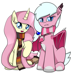 Size: 1400x1400 | Tagged: safe, artist:truffle shine, derpibooru exclusive, imported from derpibooru, oc, oc only, oc:bipen, oc:zoey nano, bat pony, unicorn, derpibooru community collaboration, 2021 community collab, clothes, duo, female, hairpin, horn, looking at you, not fluttershy, scarf, side by side, simple background, transparent background, wings