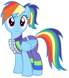 Size: 1500x1688 | Tagged: safe, artist:sketchmcreations, imported from derpibooru, rainbow dash, pegasus, pony, alternate hairstyle, buckball fan gear rainbow dash, clothes, cute, dashabetes, female, gameloft, gameloft interpretation, jacket, looking at you, mare, pants, ponytail, simple background, smiling, solo, sports bra, sweatpants, transparent background, vector