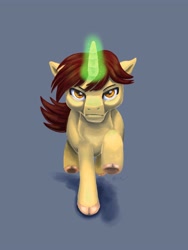 Size: 3000x4000 | Tagged: safe, artist:catscratchpaper, imported from derpibooru, oc, oc:ethereal divide, pony, unicorn, charge, facing you, galloping, glowing horn, horn, magic, magic aura, male, serious, serious face, simple background, stallion, stoic