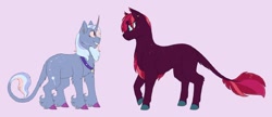 Size: 1280x551 | Tagged: safe, artist:cboyd124, imported from derpibooru, fizzlepop berrytwist, tempest shadow, trixie, classical unicorn, pony, unicorn, broken horn, cloven hooves, female, horn, leonine tail, lesbian, looking at each other, mare, purple background, shipping, simple background, tempestrix, unshorn fetlocks