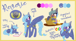 Size: 3900x2100 | Tagged: safe, artist:cartoonboyfriends, imported from derpibooru, oc, oc only, oc:reverie, pegasus, pony, candle, female, filly, mare, multiple parents, offspring, parent:applejack, parent:fluttershy, parent:pinkie pie, parent:rainbow dash, parent:rarity, parent:twilight sparkle, parents:omniship, reference sheet, scroll, solo