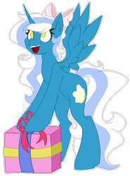 Size: 599x810 | Tagged: safe, artist:spaazledazzle, imported from derpibooru, oc, oc:fleurbelle, alicorn, alicorn oc, bow, christmas, female, hair bow, holiday, horn, mare, present, simple background, transparent background, wings, yellow eyes