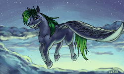 Size: 854x512 | Tagged: safe, artist:krazy katt111, imported from derpibooru, oc, oc only, oc:dreamer skies, pegasus, pony, complex background, flying, looking at you, pony oc, scenery, smiling, smiling at you, stars