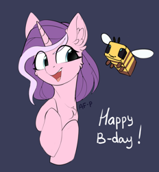 Size: 2532x2724 | Tagged: safe, artist:airfly-pony, imported from derpibooru, oc, oc only, oc:aria midnighters, bee, insect, pony, unicorn, birthday, birthday gift, female, minecraft, minecraft bee, simple background, text
