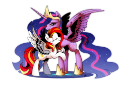 Size: 3507x2480 | Tagged: safe, artist:dormin-dim, artist:dormin-kanna, imported from derpibooru, twilight sparkle, oc, oc:diamond sun, alicorn, pegasus, pony, the last problem, commission, ethereal mane, female, hug, mare, princess twilight 2.0, simple background, spread wings, starry mane, transparent background, twilight sparkle (alicorn), wings, ych result