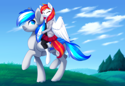 Size: 4242x2936 | Tagged: safe, artist:scarlet-spectrum, imported from derpibooru, oc, oc:diamond sun, oc:hawker hurricane, anthro, pegasus, pony, unguligrade anthro, series:pet hawk, anthro with ponies, anthros riding ponies, clothes, cloud, commission, female, hawkmond, male, mare, meadow, riding, skirt, sky, stallion, tree