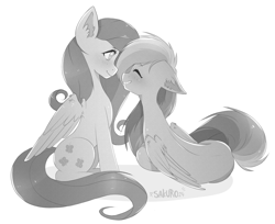 Size: 2421x1977 | Tagged: safe, artist:sakuro24, imported from derpibooru, fluttershy, rainbow dash, pegasus, pony, eyes closed, female, flutterdash, grayscale, lesbian, looking at each other, lying down, monochrome, shipping, simple background, sitting, smiling, white background
