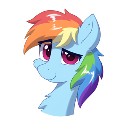 Size: 970x970 | Tagged: safe, artist:mercurysparkle, editor:dashiswaifu69, imported from derpibooru, rainbow dash, pegasus, pony, bedroom eyes, cheek fluff, chest fluff, ear fluff, female, looking at you, mare, simple background, smiling, solo, white background