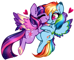 Size: 744x603 | Tagged: safe, artist:esmeia, imported from derpibooru, rainbow dash, twilight sparkle, alicorn, pegasus, pony, blushing, colored wings, ear fluff, eyes closed, female, gradient wings, heart, heart hoof, hoof heart, hug, lesbian, mare, multicolored wings, shipping, simple background, smiling, sparkly mane, sparkly tail, spread wings, transparent background, twidash, twilight sparkle (alicorn), wings