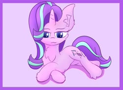 Size: 1500x1100 | Tagged: safe, artist:chocodamai, imported from derpibooru, starlight glimmer, pony, unicorn, :3, chest fluff, crossed hooves, cute, ear fluff, female, glimmerbetes, hoof fluff, looking at you, lying down, mare, on side, sitting, solo