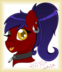 Size: 1208x1404 | Tagged: safe, artist:horsesrnaked, imported from derpibooru, oc, oc only, oc:fluffycuffs, earth pony, pony, collar, fan mail, one eye closed, piercing, ponytail, signature, solo, tongue out, tongue piercing, wink, xoxo