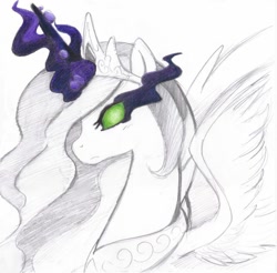 Size: 900x886 | Tagged: safe, artist:rinkulover4ever50592, imported from derpibooru, princess celestia, alicorn, pony, dark magic, glowing eyes, glowing horn, horn, jewelry, magic, peytral, simple background, solo, sombra eyes, tiara, traditional art, white background