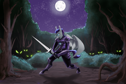 Size: 2976x1991 | Tagged: safe, artist:xander, imported from derpibooru, oc, oc:dusk specter, anthro, bat pony, pony, timber wolf, angry, armor, bat pony oc, bat wings, cover art, everfree forest, moon, night, night guard, night guard armor, sword, thestral, weapon, wings