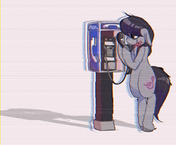 Size: 1100x900 | Tagged: safe, artist:provolonepone, imported from derpibooru, octavia melody, earth pony, pony, bipedal, chromatic aberration, crying, distortion, female, floppy ears, mare, pay phone, phone, sad, simple background, solo, telephone