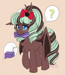 Size: 1241x1433 | Tagged: safe, artist:puetsua, imported from derpibooru, oc, oc only, oc:shamrock biscuit, bat pony, pony, bow, chest fluff, colored pupils, confused, cute, ear tufts, female, floppy ears, freckles, hair bow, juice, juice box, mare, mouth hold, nom, ocbetes, offscreen character, pictogram, question mark, simple background, solo, speech bubble, spread wings, straw, tan background, wings