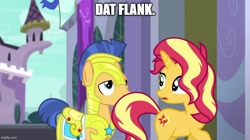 Size: 888x499 | Tagged: safe, edit, edited screencap, imported from derpibooru, screencap, flash sentry, sunset shimmer, pegasus, pony, unicorn, equestria girls, equestria girls series, forgotten friendship, animation error, caption, female, flashimmer, image macro, imgflip, male, shipping, stallion, straight, text