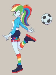 Size: 1620x2160 | Tagged: safe, artist:haibaratomoe, imported from derpibooru, rainbow dash, human, equestria girls, ass, blushing, butt, clothes, cute, dashabetes, football, gray background, grin, legs, looking at you, one eye closed, ponytail, rainbow socks, rainbutt dash, simple background, smiling, socks, solo, sports, striped socks, tomboy, wink, winking at you