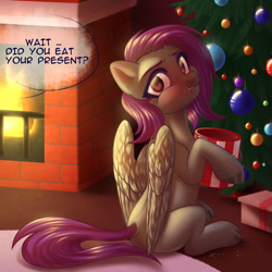 Size: 900x900 | Tagged: safe, artist:nika-rain, artist:sadelinav, imported from derpibooru, fluttershy, oc, oc only, oc:fritzy, pegasus, pony, alternate eye color, christmas, christmas tree, dock, fire, fireplace, full mouth, holiday, not flutterbat, not fluttershy, offscreen character, ornament, present, solo, tree, yule log