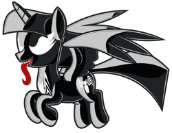 Size: 9000x7000 | Tagged: safe, artist:severity-gray, imported from derpibooru, twilight sparkle, alicorn, pony, crossover, female, flying, latex, latex suit, mare, marvel, open mouth, sharp teeth, she-venom, simple background, solo, spider-man, symbiote, teeth, tongue out, transparent background, twilight sparkle (alicorn), venom, venom twilight, wings