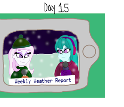 Size: 1280x1103 | Tagged: safe, artist:horroraceman93, imported from derpibooru, cold forecast, fleur-de-lis, equestria girls, cellphone, clothes, coat, earmuffs, female, fleurcast, fleurforecast, gloves, hat, lesbian, microphone, news report, phone, shipping, snow, weather