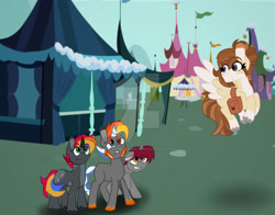 Size: 1280x1006 | Tagged: safe, artist:moonlightdisney5, artist:thatonefluffs, imported from derpibooru, oc, oc:pop rocks, oc:stone smith, oc:summer days, oc:winter frost, earth pony, pegasus, unicorn, background, bag, beard, comic, ear piercing, earring, facial hair, freckles, jewelry, market, marketplace, piercing, saddle bag, story included, unshorn fetlocks