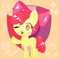 Size: 1500x1500 | Tagged: artist needed, source needed, safe, imported from derpibooru, apple bloom, earth pony, pony, adorabloom, cute, cutie mark, female, filly, orange background, simple background, solo, the cmc's cutie marks