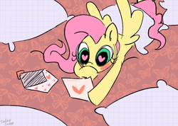 Size: 1958x1398 | Tagged: safe, artist:saltycube, derpibooru exclusive, imported from derpibooru, fluttershy, pegasus, pony, blushing, covering mouth, heart, heart eyes, love letter, pillow, reading, solo, wingding eyes, wings