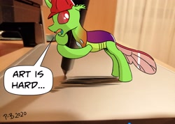 Size: 4096x2923 | Tagged: safe, artist:pony-berserker, imported from derpibooru, oc, oc:berzie, changedling, changeling, pony, drawing tablet, irl, photo, ponies in real life, speech bubble