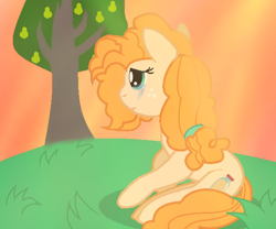 Size: 588x490 | Tagged: safe, artist:kucysia123, imported from derpibooru, pear butter, earth pony, pony, crying, food, pear, pear tree, sad, tree