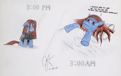 Size: 2476x1553 | Tagged: safe, artist:count adramélekh sear, artist:count oxymagomedov sear, derpibooru exclusive, imported from derpibooru, oc, oc only, oc:searing skies, pegasus, pony, bed, insomnia, sleeping, solo, traditional art