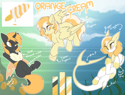 Size: 3882x2957 | Tagged: safe, artist:beardie, imported from derpibooru, oc, oc only, oc:orange cream, changeling, original species, pegasus, pony, shark, shark pony, commission, reference sheet, yellow changeling