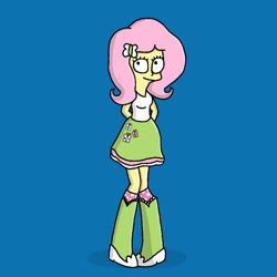 Size: 768x768 | Tagged: safe, artist:haileykitty69, imported from derpibooru, fluttershy, human, equestria girls, blue background, clothes, crossover, cursed image, female, simple background, skirt, solo, the simpsons, yellow skin