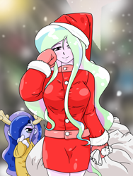 Size: 1668x2224 | Tagged: safe, artist:batipin, imported from derpibooru, princess celestia, princess luna, equestria girls, animal costume, breasts, busty princess celestia, chibi, christmas, clothes, costume, duo, female, gloves, hair over one eye, hat, holiday, principal celestia, reindeer costume, santa bag, santa costume, santa hat, solo focus, vice principal luna