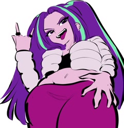 Size: 1142x1187 | Tagged: safe, artist:rileyav, imported from derpibooru, aria blaze, equestria girls, belly button, clothes, devil horn (gesture), from below, jacket, midriff, pants, solo, tongue out