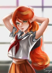 Size: 858x1200 | Tagged: safe, artist:bunsogen, edit, imported from derpibooru, sunset shimmer, human, arm behind head, belly button, clothes, humanized, mouth hold, school uniform, trace, uniform