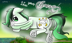 Size: 854x512 | Tagged: safe, artist:yoshi ringo, imported from derpibooru, oc, oc:dreamer skies, pegasus, pony, complex background, looking at you, pony oc, shy, text, underhoof