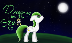 Size: 854x512 | Tagged: safe, artist:koolaid, imported from derpibooru, oc, oc only, oc:dreamer skies, pegasus, pony, complex background, looking up, male, moon, pegasus oc, solo, stallion, standing, text, wings